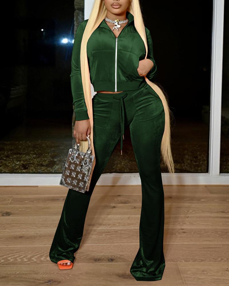 

Long Sleeve Zip Up Crop Top & Drawstring Pants Set, Green