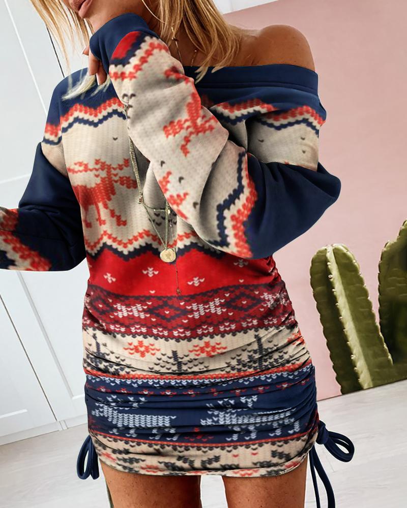 

Christmas Print Drawstring Ruched Dress, Multicolor