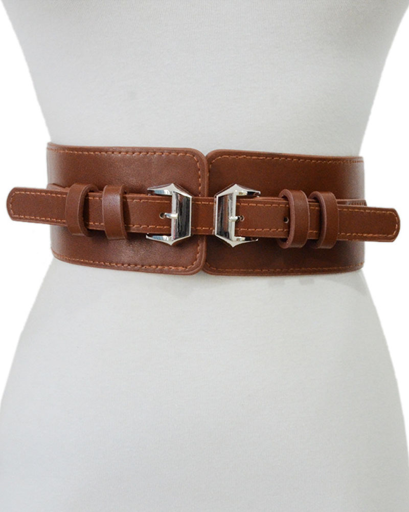 

1pc Metal Buckle Elastic Wide Belt, Coffee