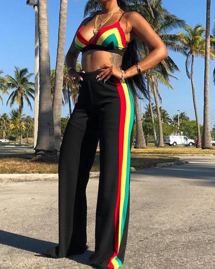 

Rainbow Striped Cami Top&Wide Leg Pants Set, Red