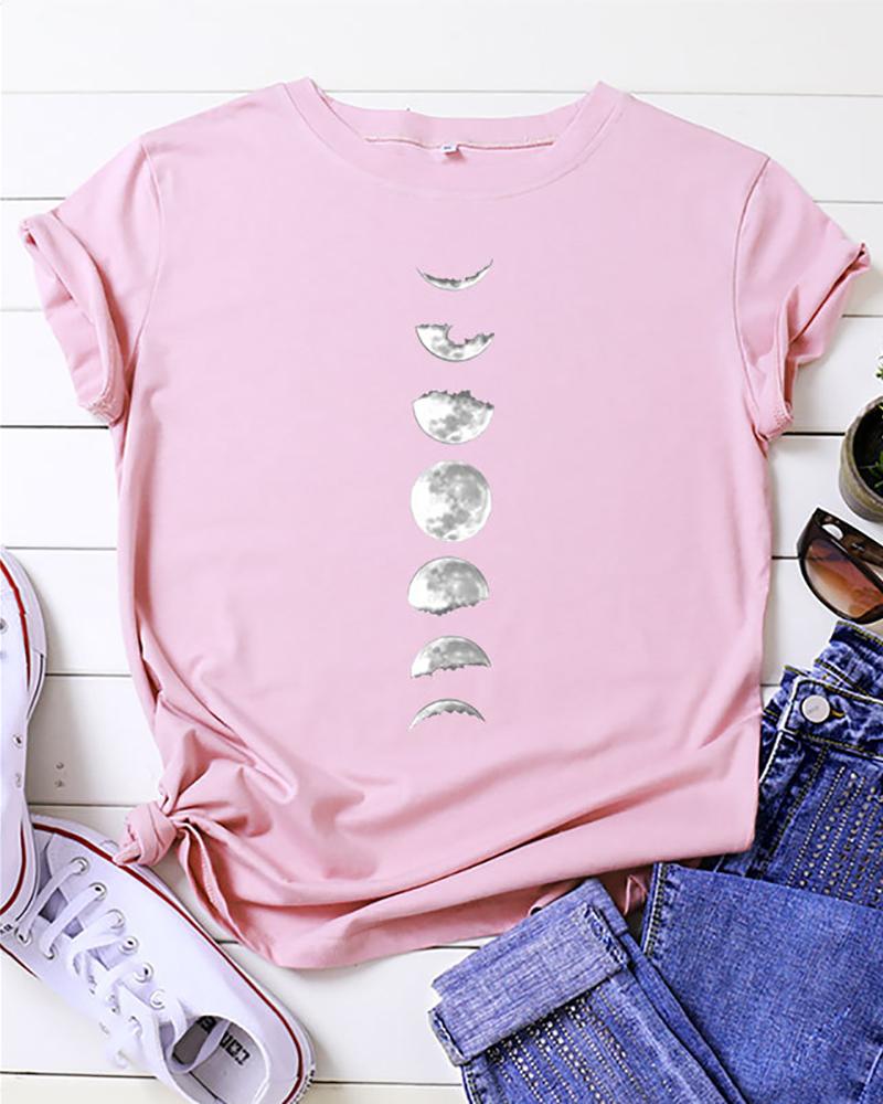

Moon Print Short Sleeve Casual T-shirt, Pink