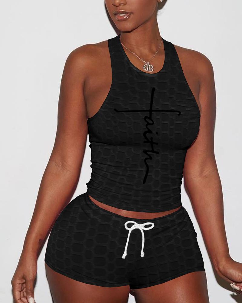 

Letter Print Textured Drawstring Active Set, Black