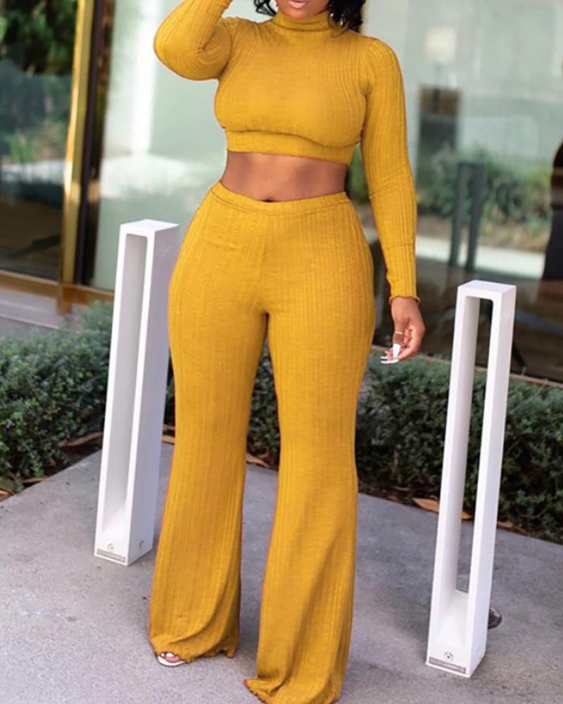 

Ribbed Crop Top & Wide Leg Pants Set, Yellow