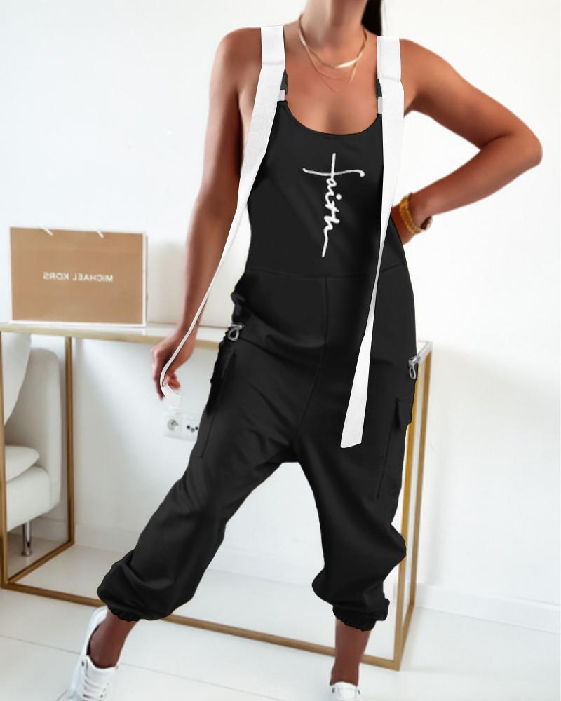 

Faith Print Zipper Pocket Design Jumpsuit, Black
