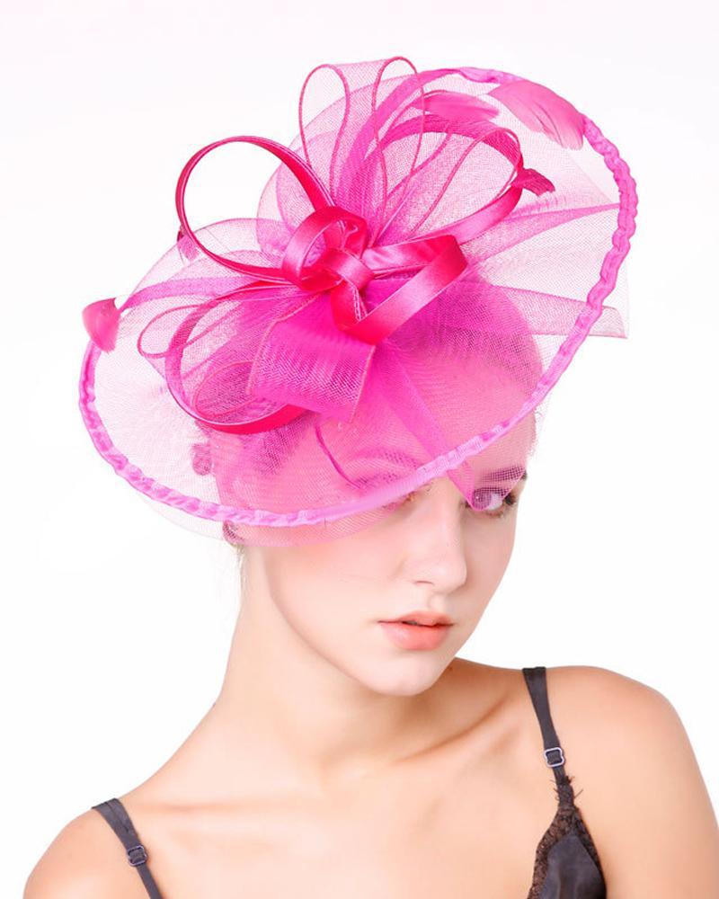

Bowknot Fascinator Hat Feather Sheer Mesh Headband Bridal Wedding Cocktail Tea Party Headwear, Hot pink