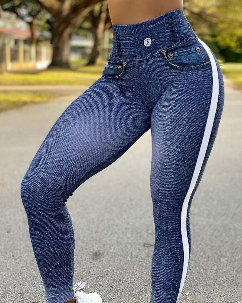 

Women's Leggings Faux Denim Printed High Waist Tummy Control Butt Lift Active Pants, Dark blue