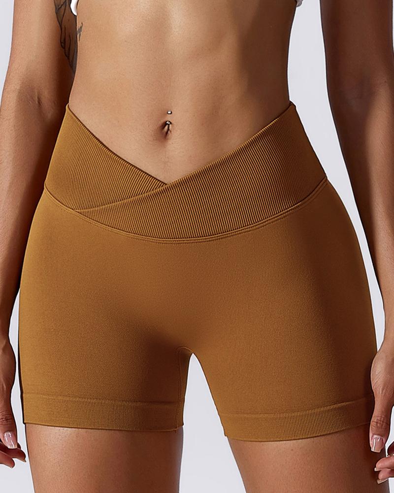 

Overlap Waist Butt Lifting Running Active Shorts, Coffee