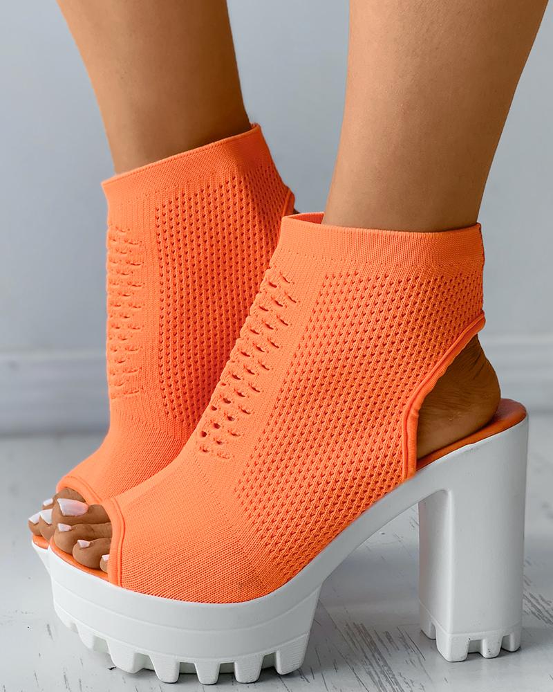 

Hollow Out Peep Toe Knit Chunky Heels, Orange