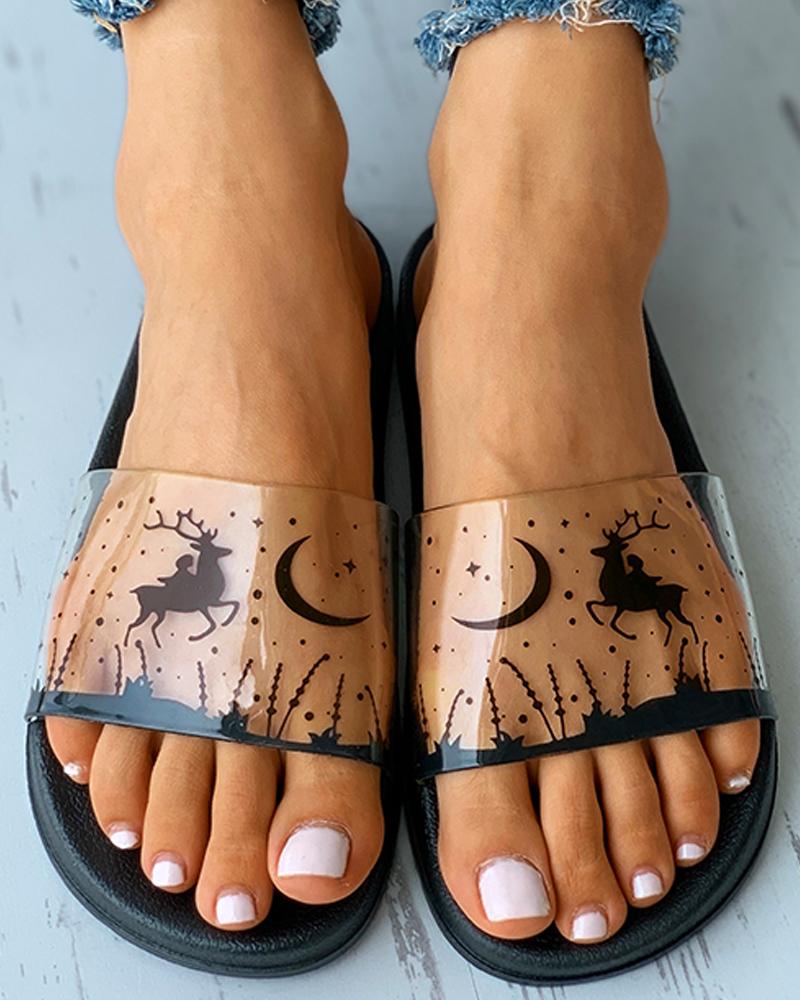 

Graphic Print Clear Perspex Flat Sandals, Black