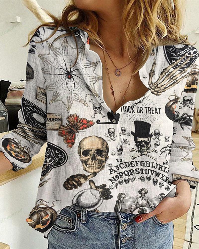 

Halloween Graphic Print Long Sleeve Shirt, White