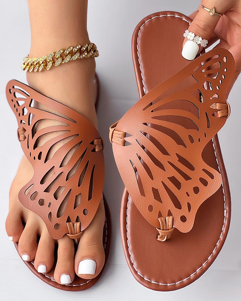 

Butterfly Wings Pattern Toe Post Flip Flops, Brown