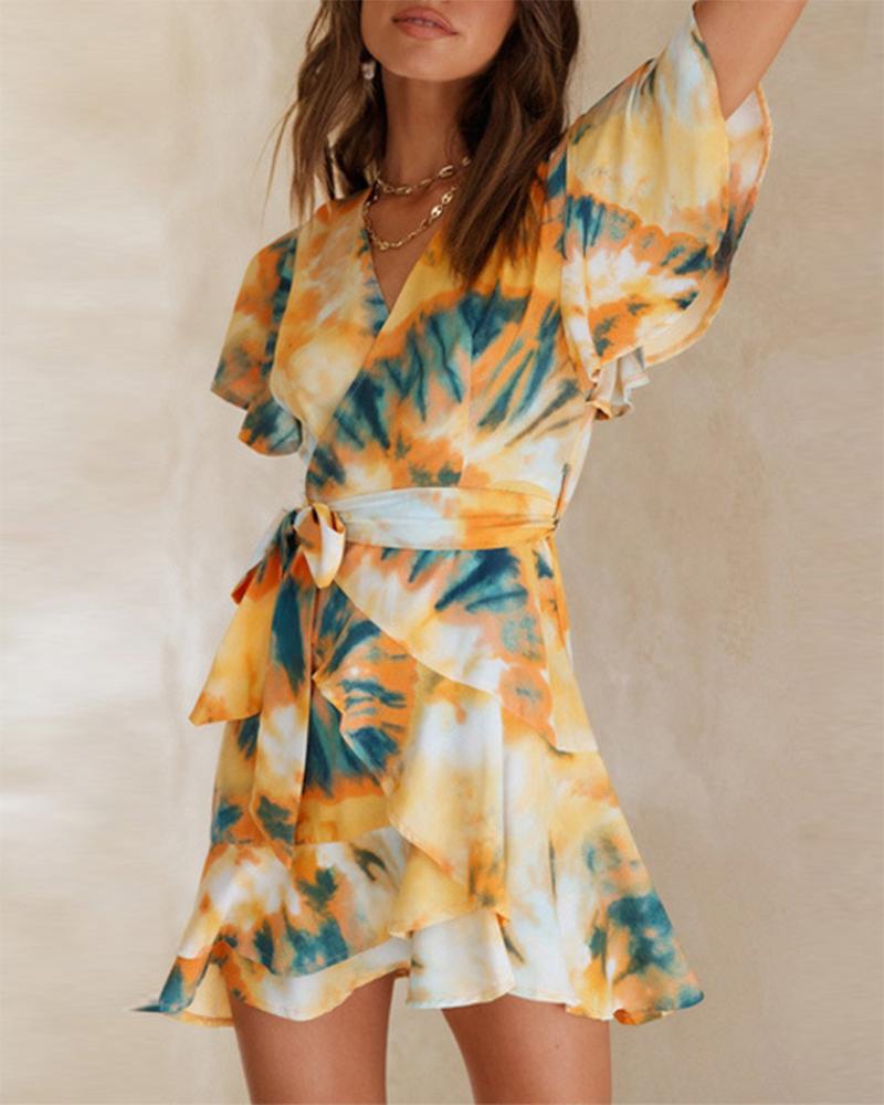 

Abstract Print Flutter Sleeve Ruffle Hem Dress, Yellow
