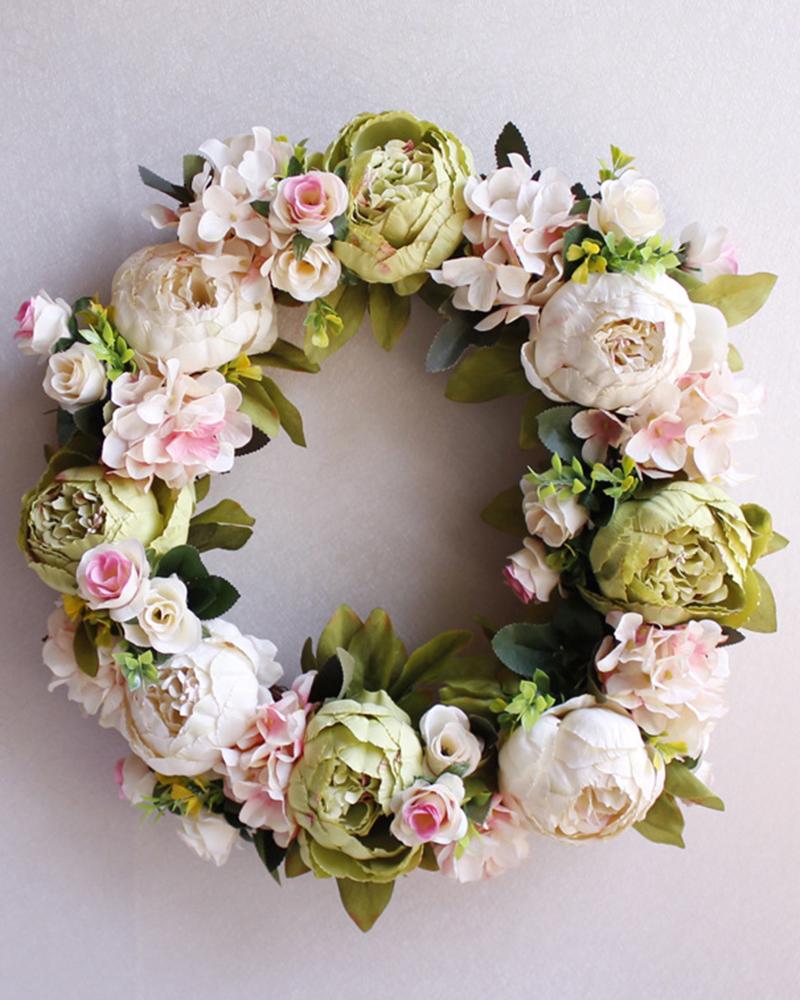 

1pc Artificial Peony Floral Garland Wreath Wedding Decoration Front Door Stairway Window Indoor Outdoor Home Decor Without Silk Ribbon, White