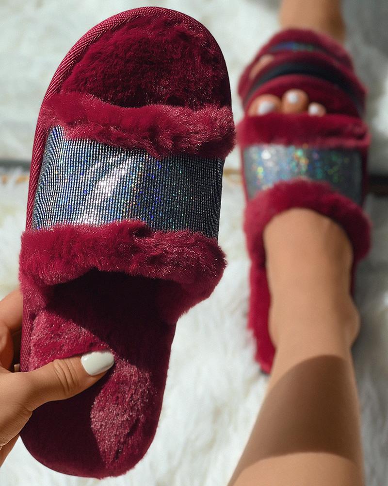 

Fuzzy Sequin One Strap Slippers, Wine red