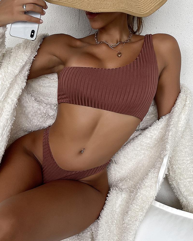 

One Shoulder Low Waist Bikini Set, Wine red