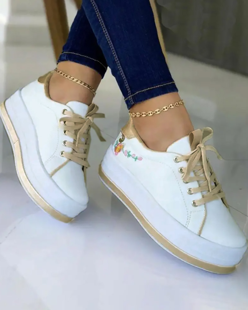 

Floral Pattern Lace-up Eyelet Sneakers, White