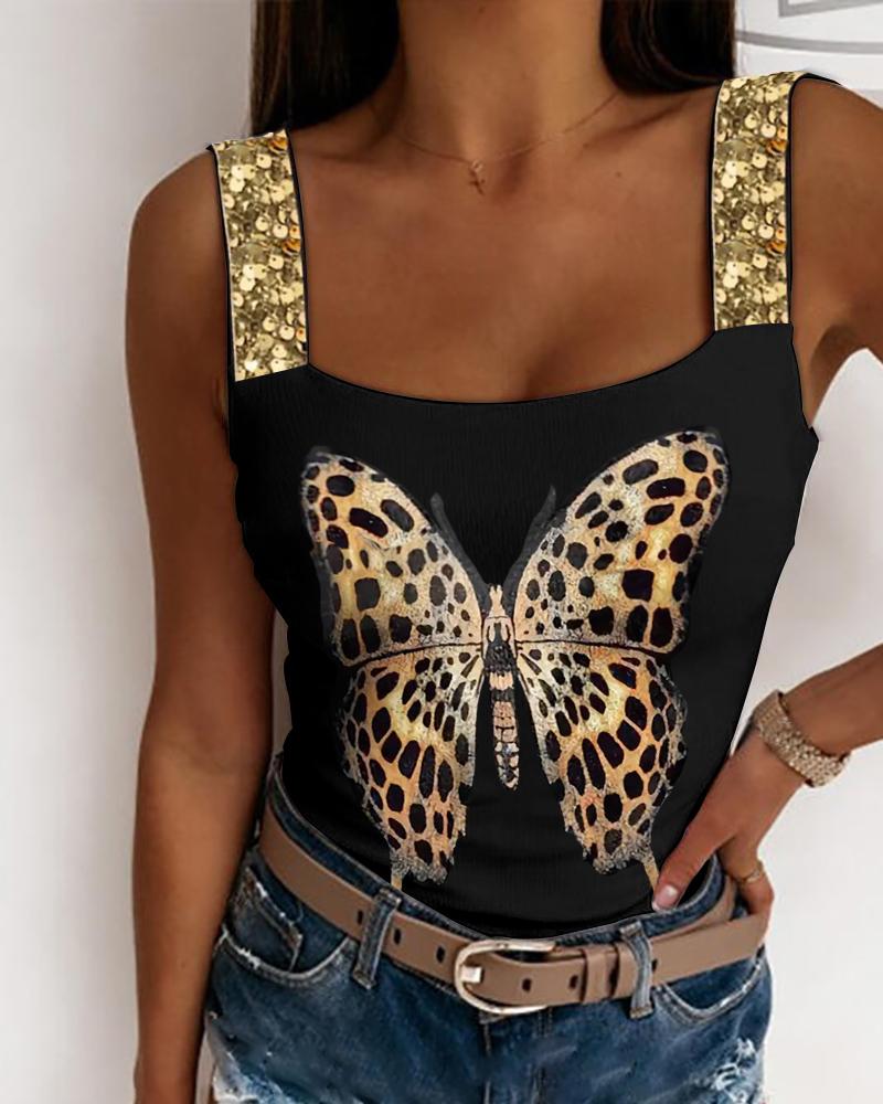 

Butterfly Print Square Neck Backless Knit Tank Top, Black