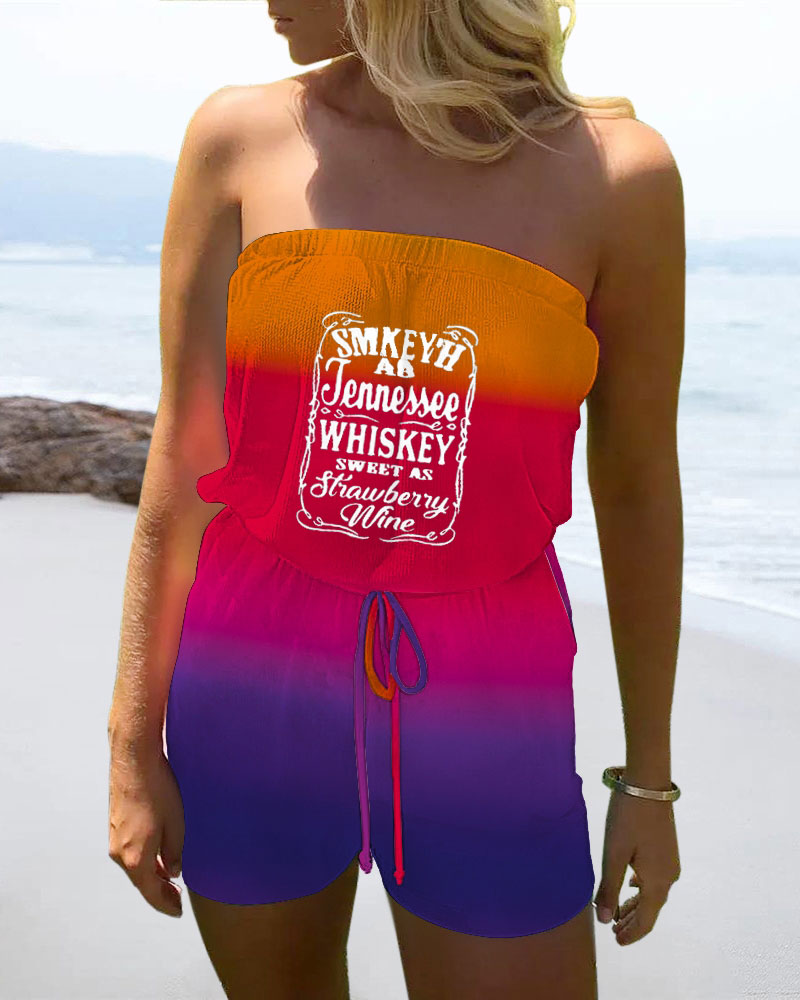 

Letter Print Ombre Drawstring Waist Tube Romper, Multicolor