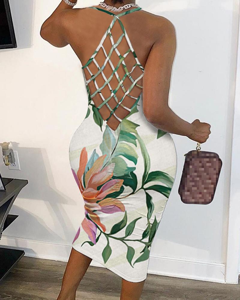 

Floral Print Splicing Fishnet Backless Sleeveless Bodycon Dress, Multicolor