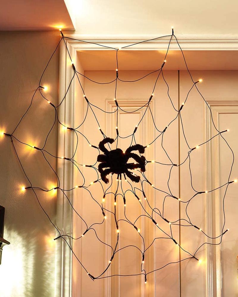 

LED Halloween Black Spider Web Light with 60 LED Waterproof Orange Net Lights and 1 Black Spider for House Yard Garden Indoor and Outdoor Scary Halloween Theme