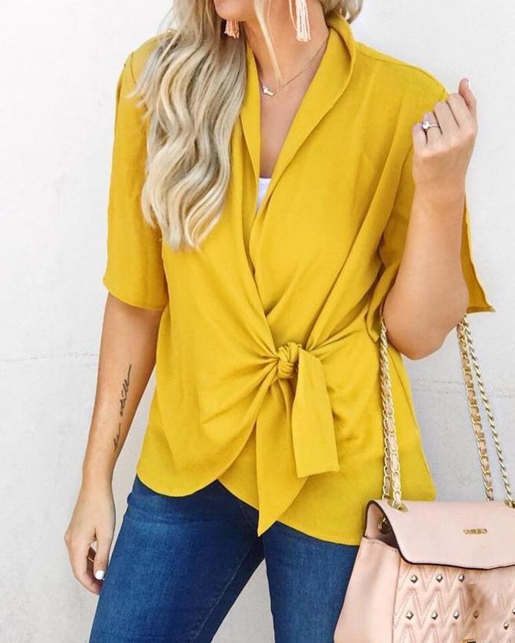 

Short Sleeve Tie Side Wrap Blouse, Yellow