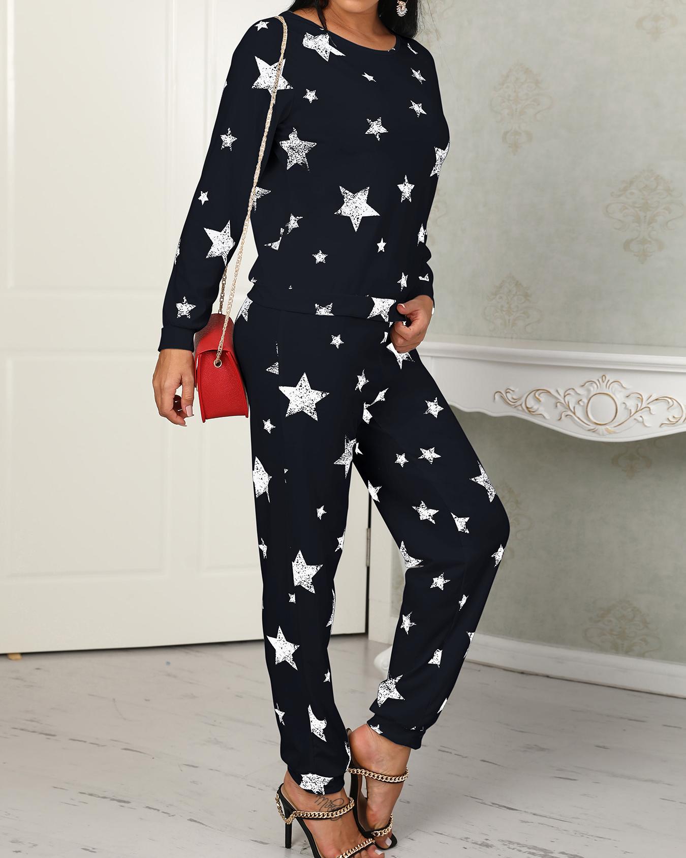 

Star Print Casual Pantsuit, Dark blue