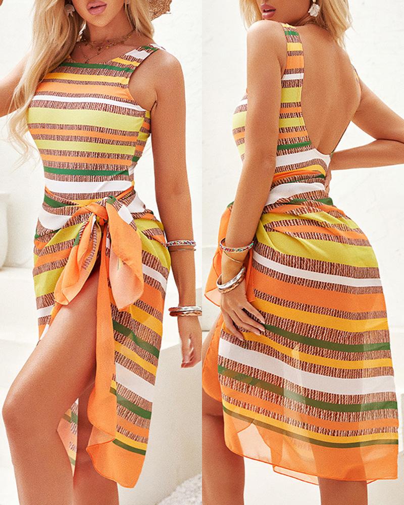 

Striped Print Backless One-Piece Swimsuit With Cover Up, Orange