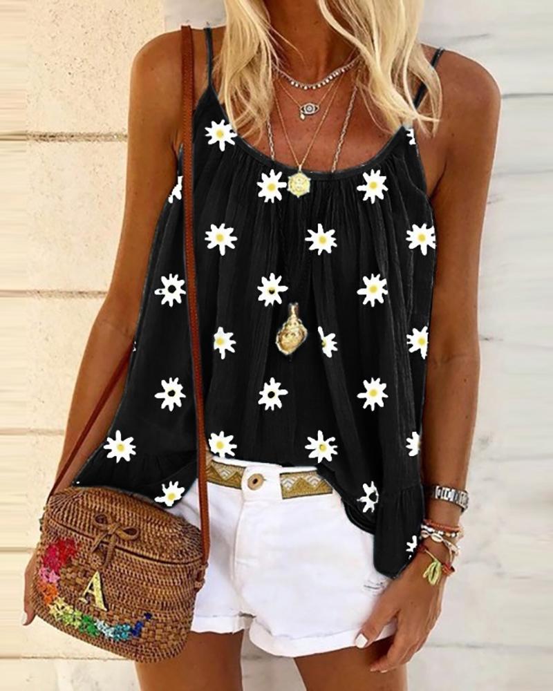 

Daisy Print Ruched Cami Top, Black
