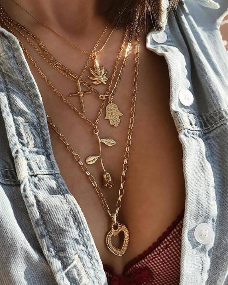 

Heart & Floral & Cross Pendant Layered Necklace, Gold