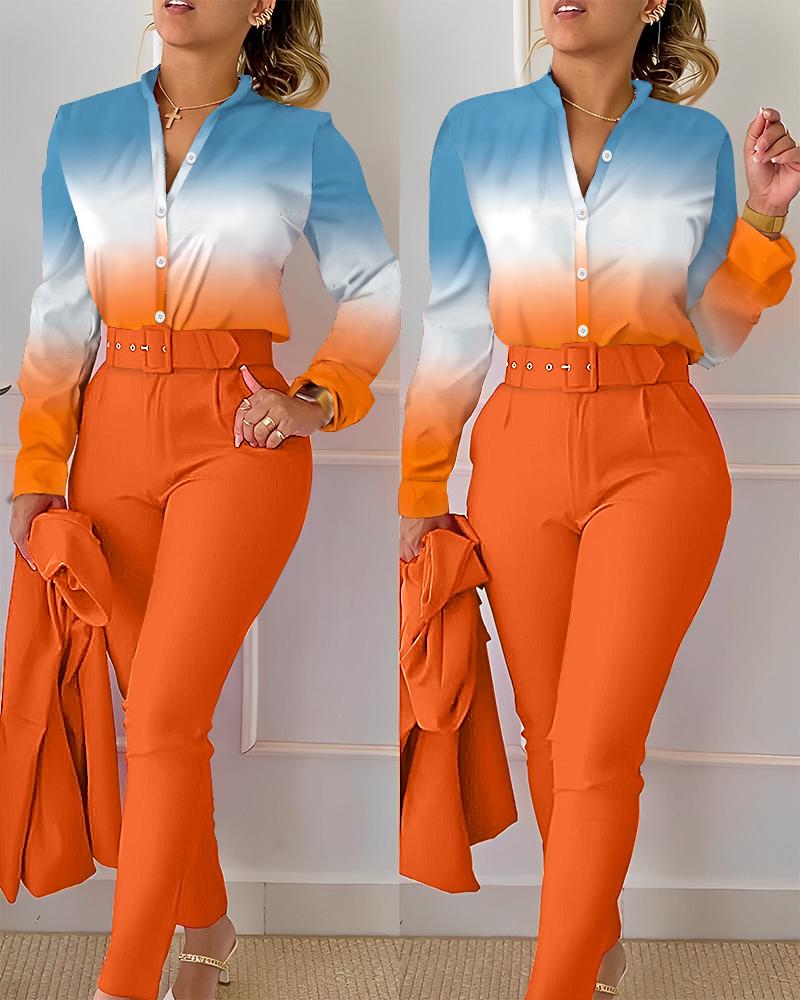 

Conjunto de camisa con botones degradados y pantalones de cintura alta, Orange