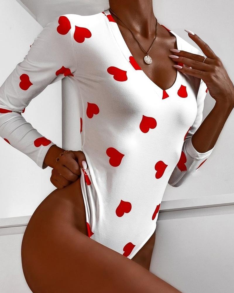 

V-Neck Heart Print Long Sleeve Bodysuit, White