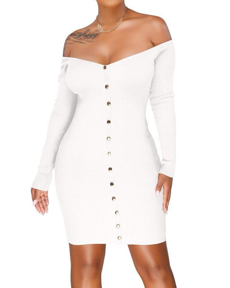 

Off Shoulder Ribbed Button Through Dress, White