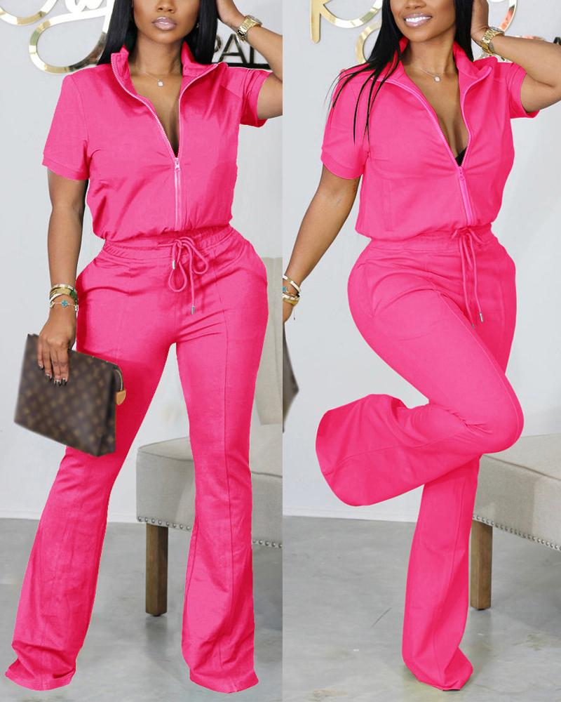 

Short Sleeve Zip Up Top & Drawstring Pants Set, Hot pink