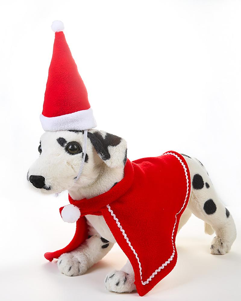 

Pet Christmas Clothes Cat Headdress Puppy Hat Dog New Year Party Cloak Grooming Set, Red