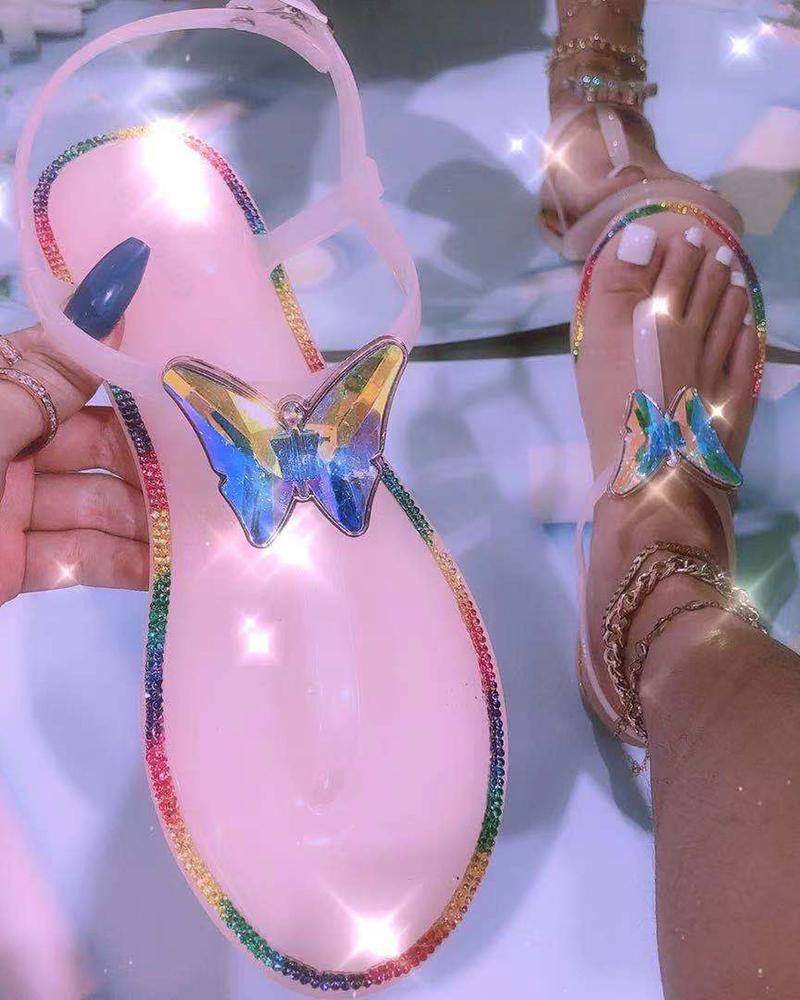 

Butterfly Pattern Clear Strap Toe Post Sandals, Pink
