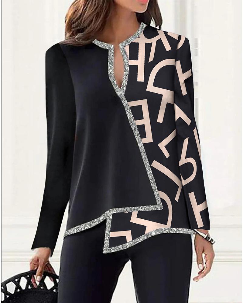 

Letter Print Long Sleeve Asymmetrical Hem Top, Black