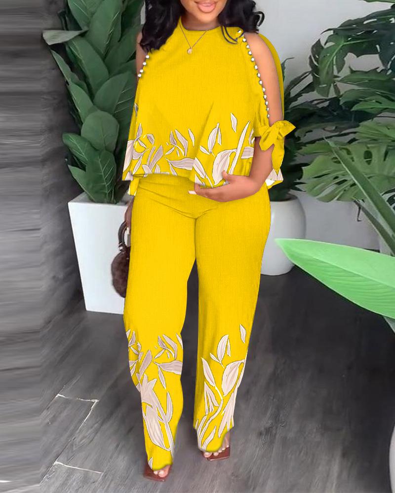 

Plus Size Plants Print Split Sleeve Top & Straight Leg Pants Set, Yellow