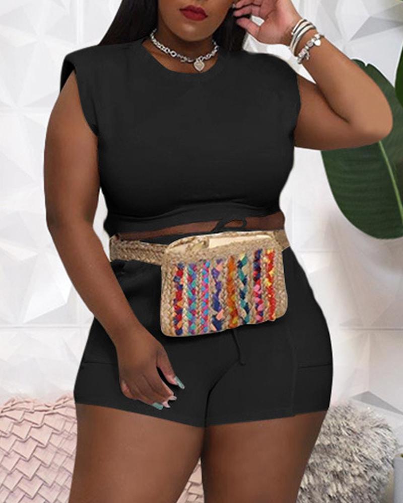 

Plus Size Shoulder Pad Crop Tank Top & Shorts Set, Black