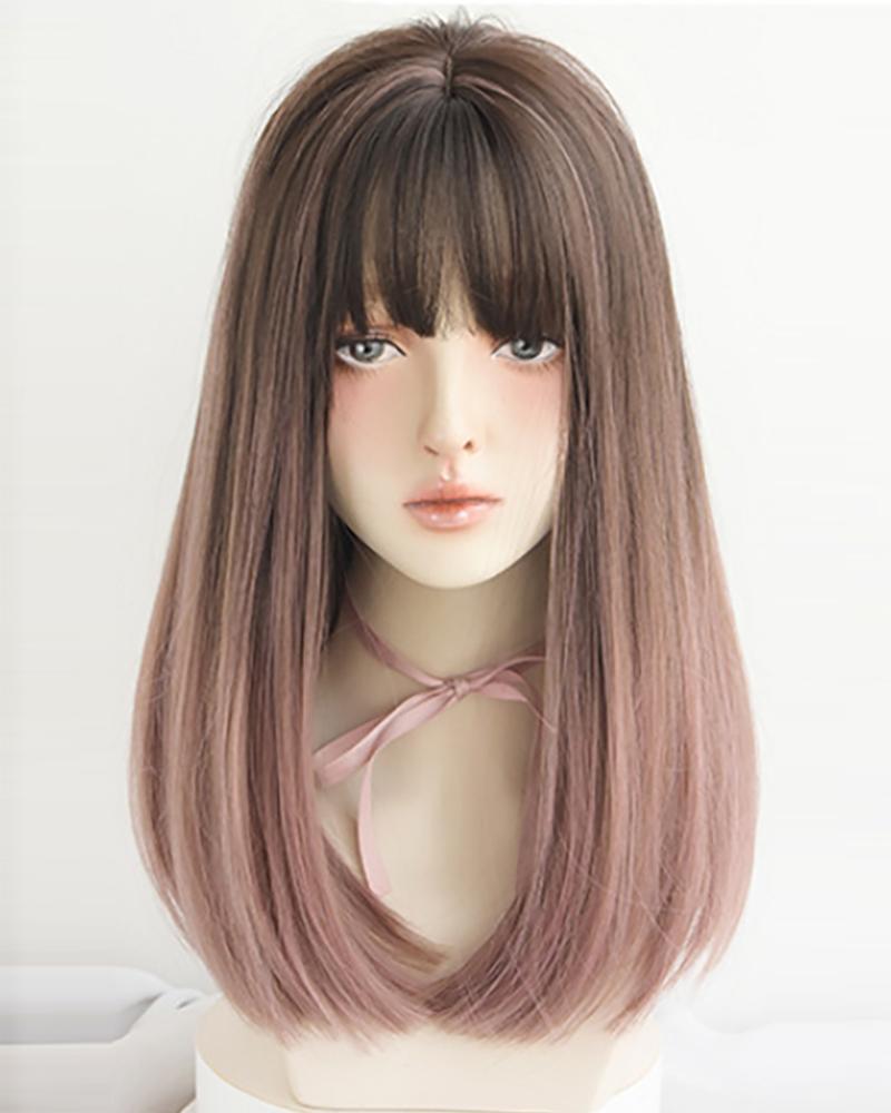 

Synthetic Wig Medium Length Natural Straight Neat Bang Wig, Brown