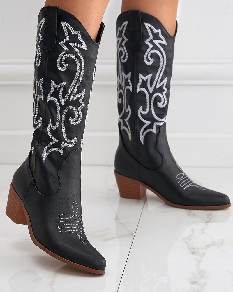 

Embroidery Chunky Cowboy Boots, Black