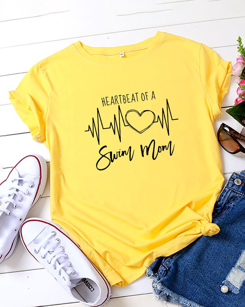 

Letter Heart Print Short Sleeve T-shirt, Yellow