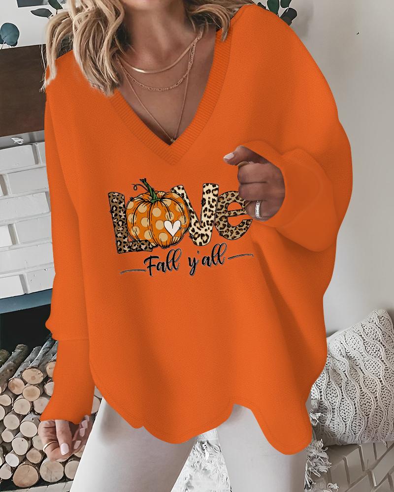 

Halloween Leopard Polka Dot Pumpkin Love Letter Print V-Neck Top, Orange