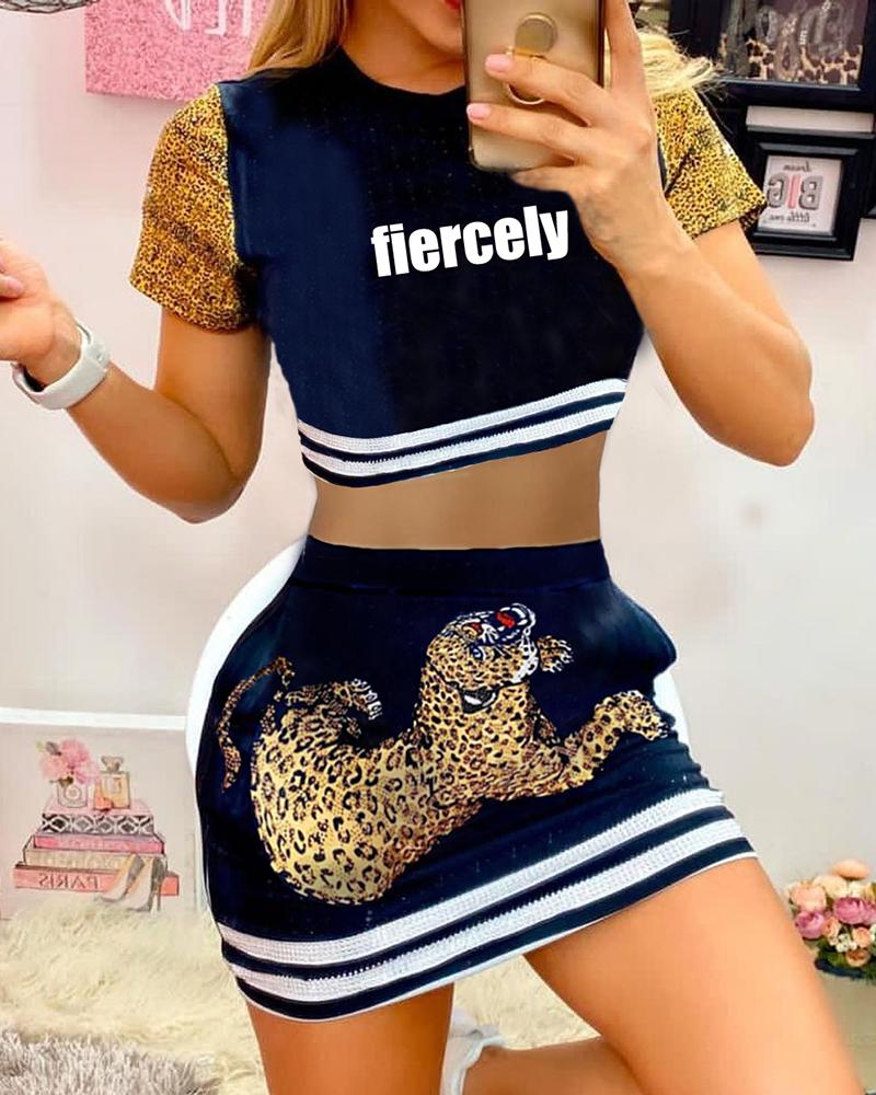 

Letter Leopard Print Top & Skirt Set, Dark blue