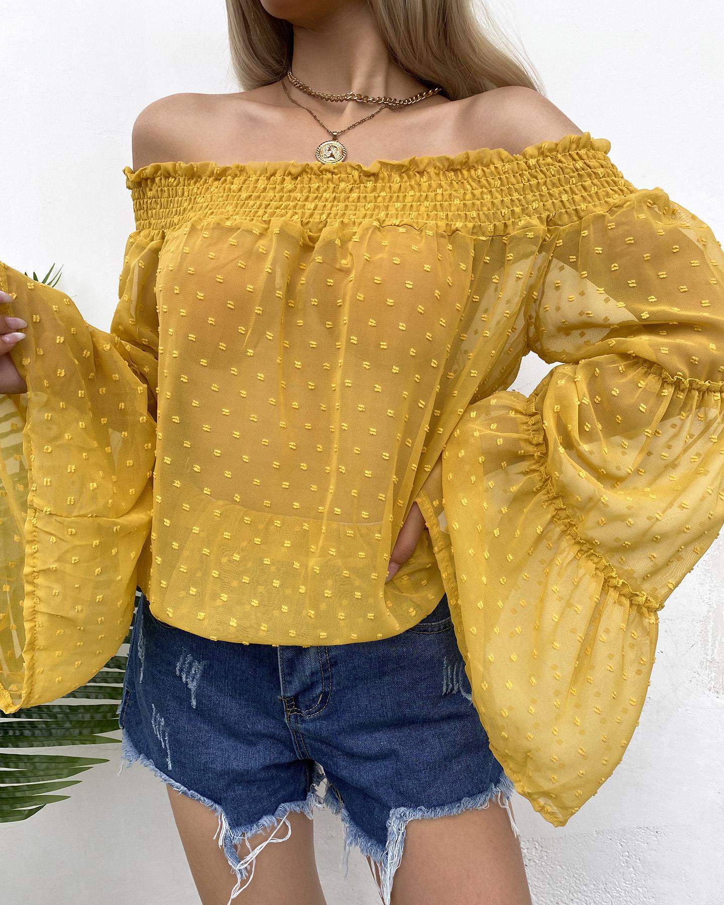 

Off Shoulder Bell Sleeve Swiss Dot Top, Yellow