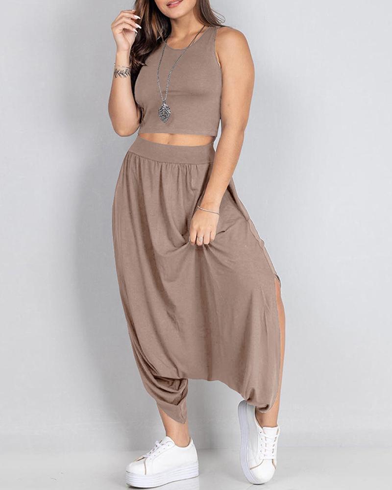 

Round Neck Crop Top & Pocket Design Harem Pants Set, Khaki