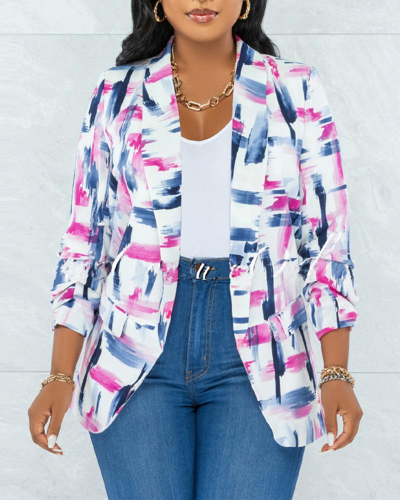 

Abstract Print Flap Detail Long Sleeve Blazer, Pink
