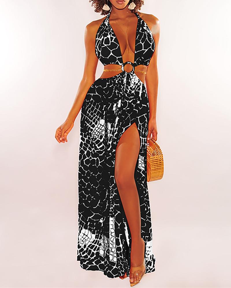 

Snakeskin Print O-Ring Cutout High Slit Maxi Dress, Black