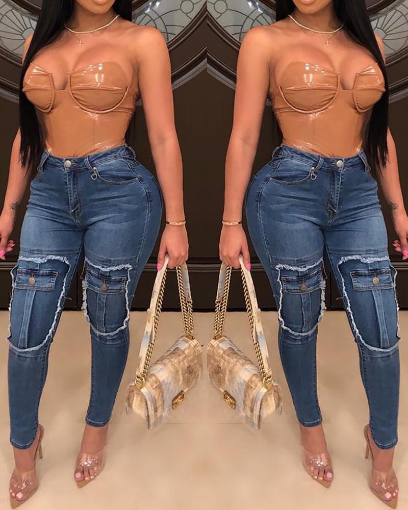 

Fringe Hem Pocket Decor Denim Pants, Blue