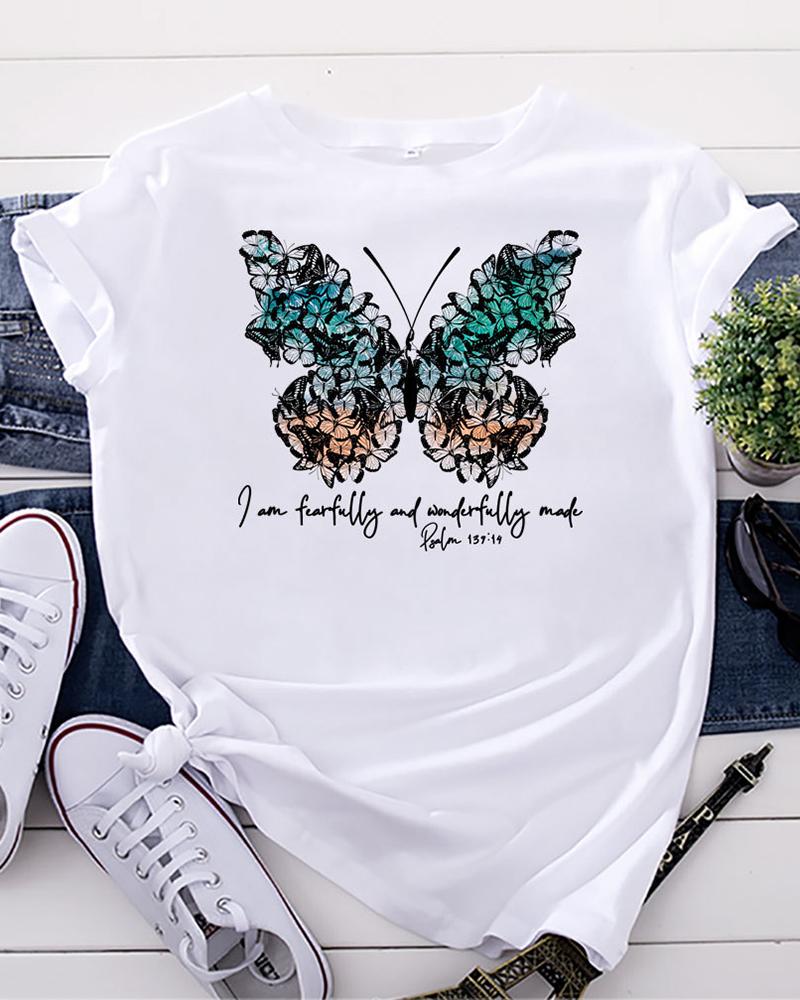 

Butterfly Letter Print Short Sleeve O-Neck Top, White