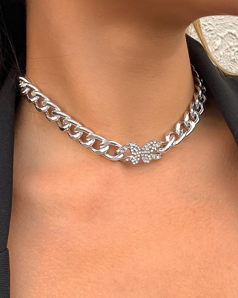 

1pc Geometric Rhinestone Butterfly Pattern Chain Necklace, Silver